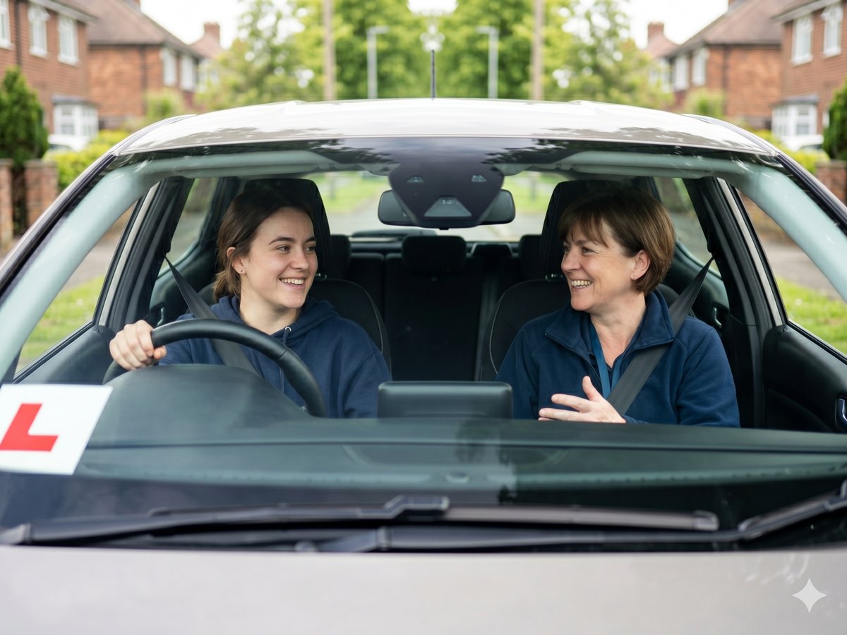A learner driver smiling with her ACG instructor during an automatic driving lesson in Nottingham